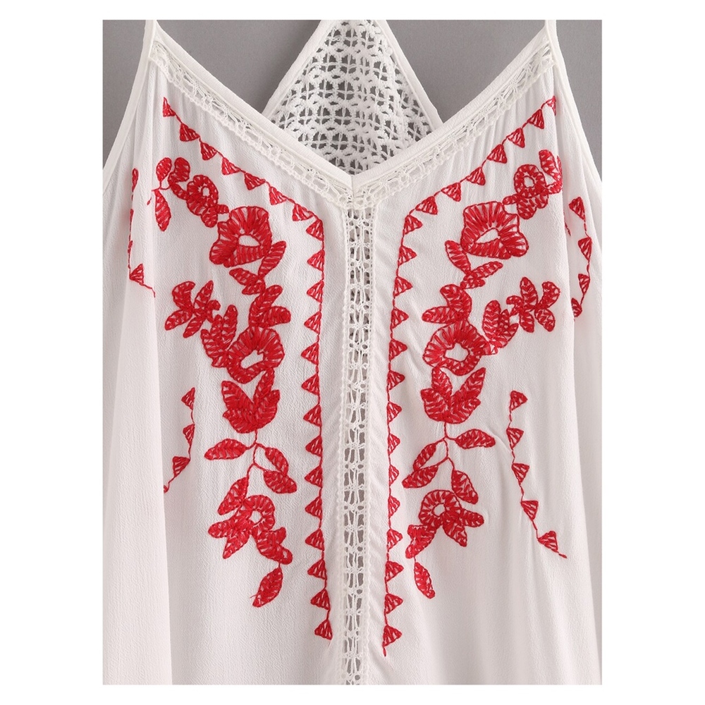 White Red Embroidered Ruffle Cami Top - Picture 3 of 5